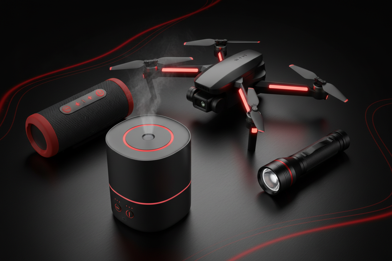 Dron, parlante, humificador y linterna en paleta negro, gris y rojo